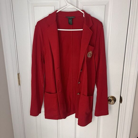 VTG Ralph Lauren LRL Knit Blazer Red Gold Button Crest Women's Small Cotton - Picture 1 of 10